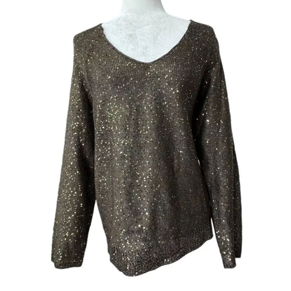 Carmen Marc Valvo Olive Green Sweater Sequin Sparkle Long Sleeve Size Large
